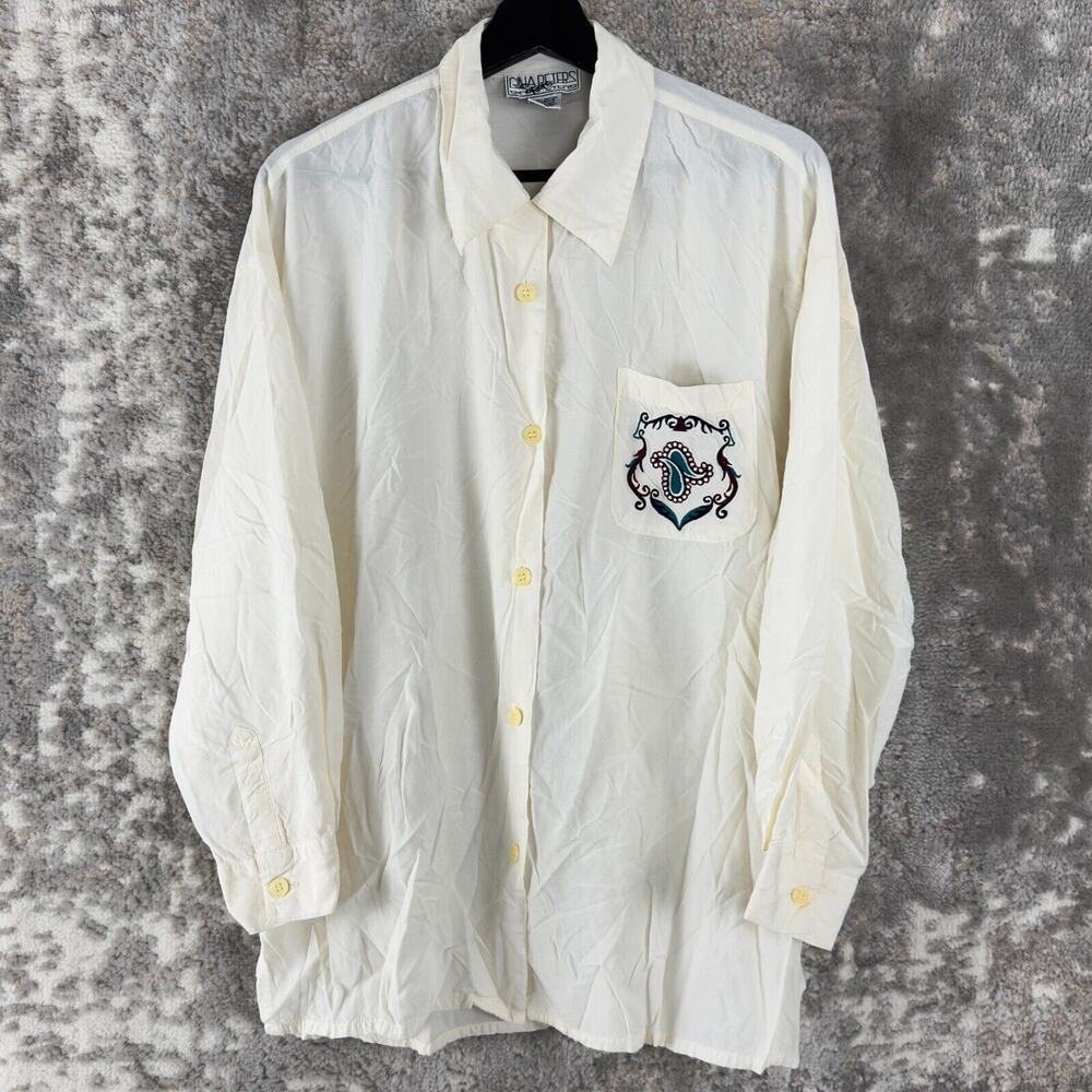 Gina Peters Womens Size L Embroidered Button Shirt Cream Long Sleeve Top